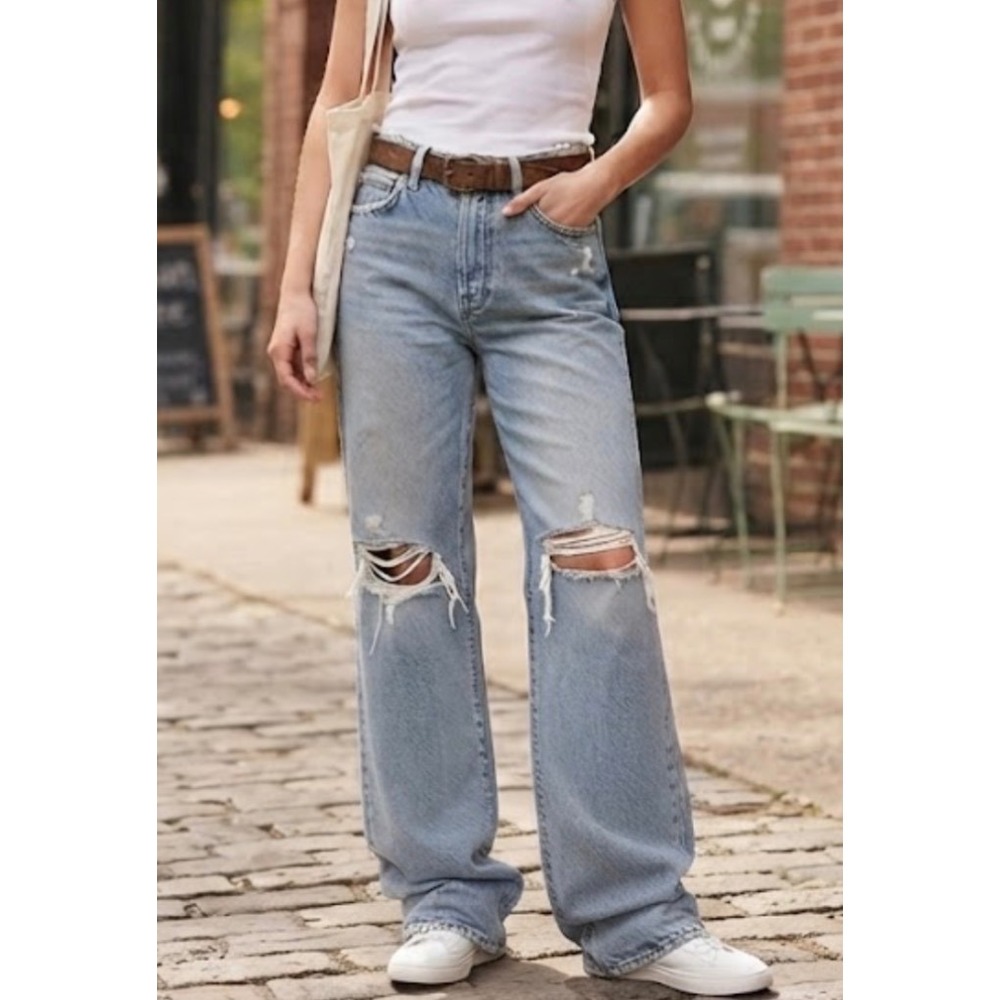 American Eagle Curvy Super‎ High-Rise Baggy Straight Distressed Jeans Blue 6